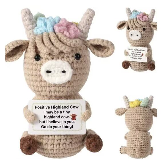 Highland Cow Plush with Flower Crown – Motivational Message Amigurumi Gift - Picture 6 of 6